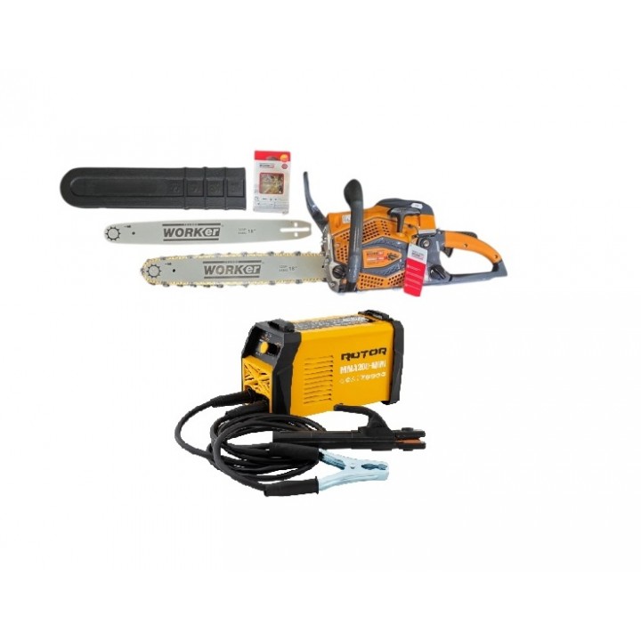 Ferăstrău cu lanţ pe benzină Technoworker DB5802 Pro+Aparat de sudat Rotor MMA200-Mini