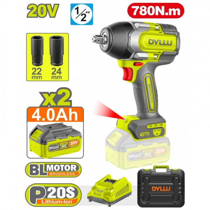 Masina de insurubat cu impact pe acumulator Li-Ion 20V/2*4.0Ah 780Nm DYLLU DTCD1B78