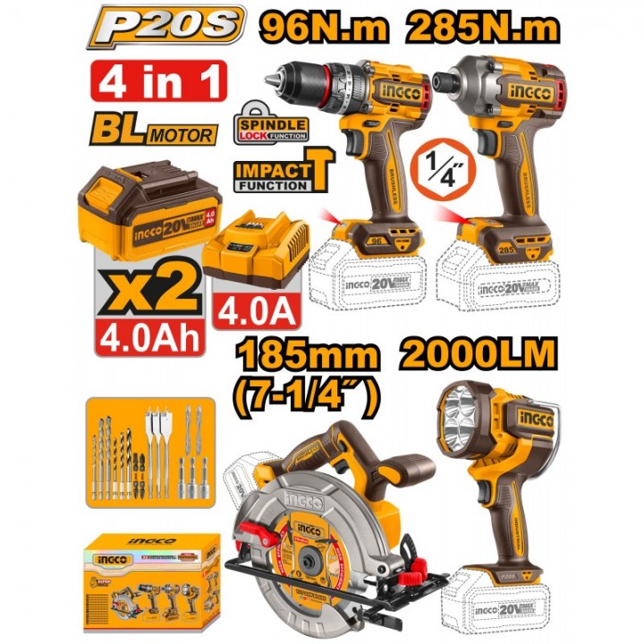 Набор из 4 инструментов на аккумуляторе 2*4Ач INDUSTRIAL INGCO COSLI241297
